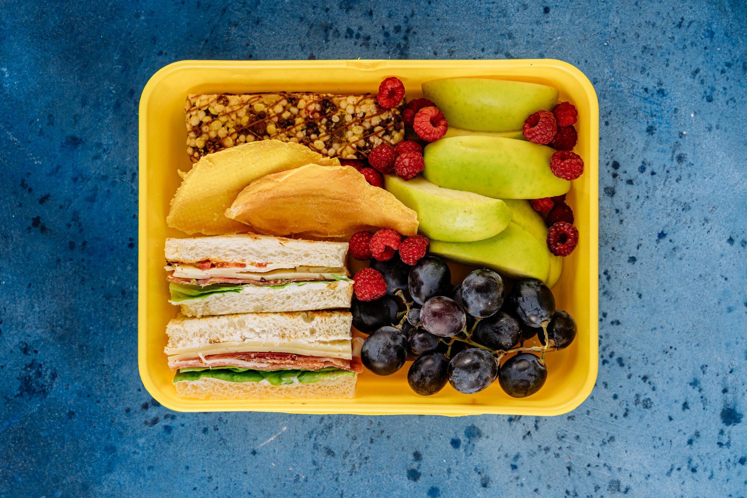 photo of lunchbox containing a sandwich, granola bar, and fruit